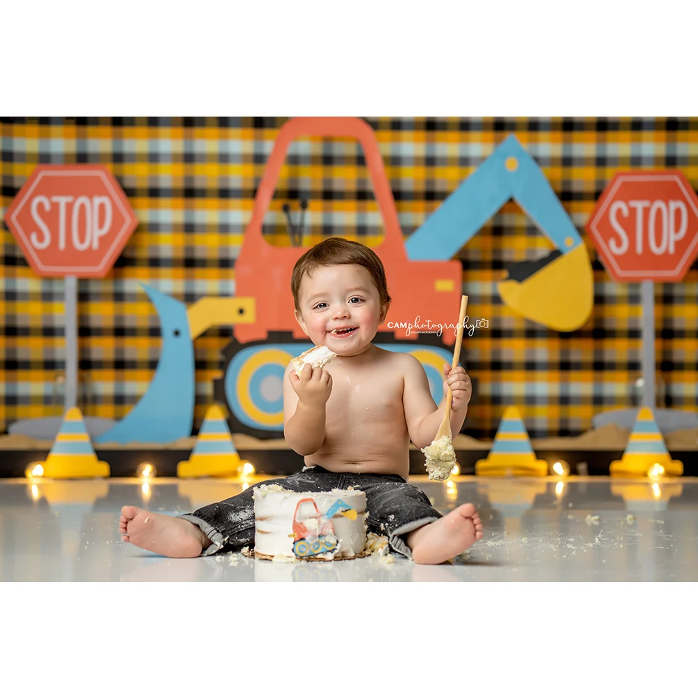 Construction Zone Photo Background Kids Birthday Cake Smash Photography Backdrop Excavator Diggin On You Photo Studio Props