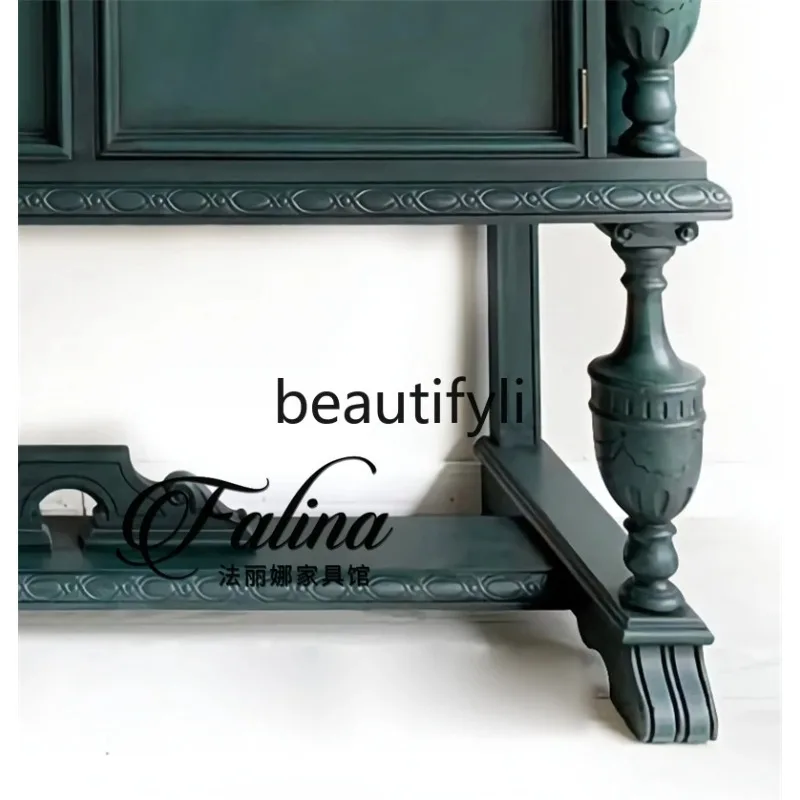 D2520 French retro wind solid wood carving flower porch dining side cabinet villa art living room decorative cabinet