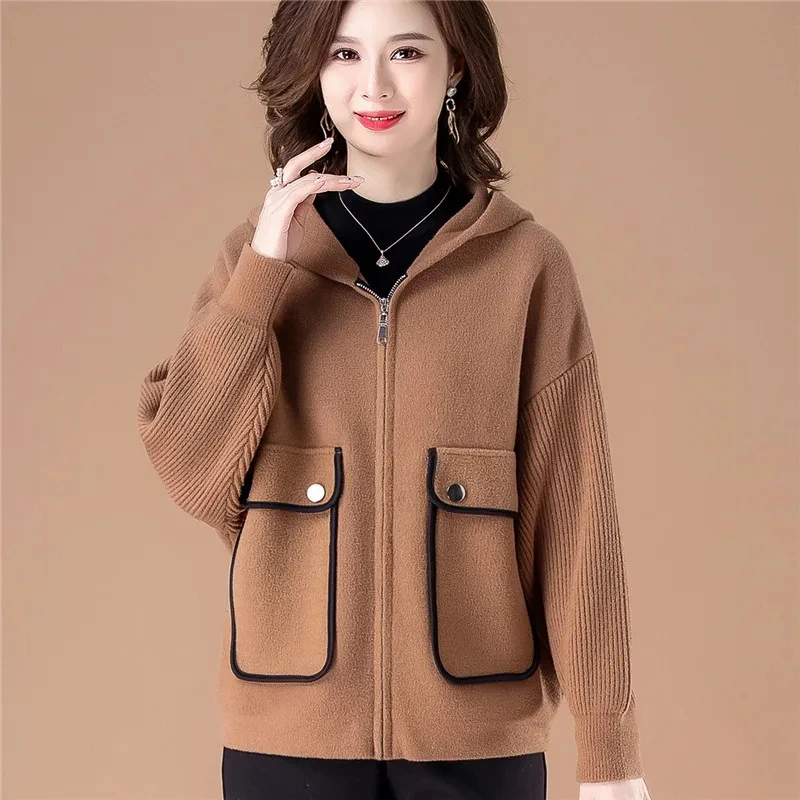 

Autumn Winter Korean Woolen Coat Middle Aged Mother's Loose Hooded Cardigan Knitted Jacket High End Noble Short Wool Overcoat