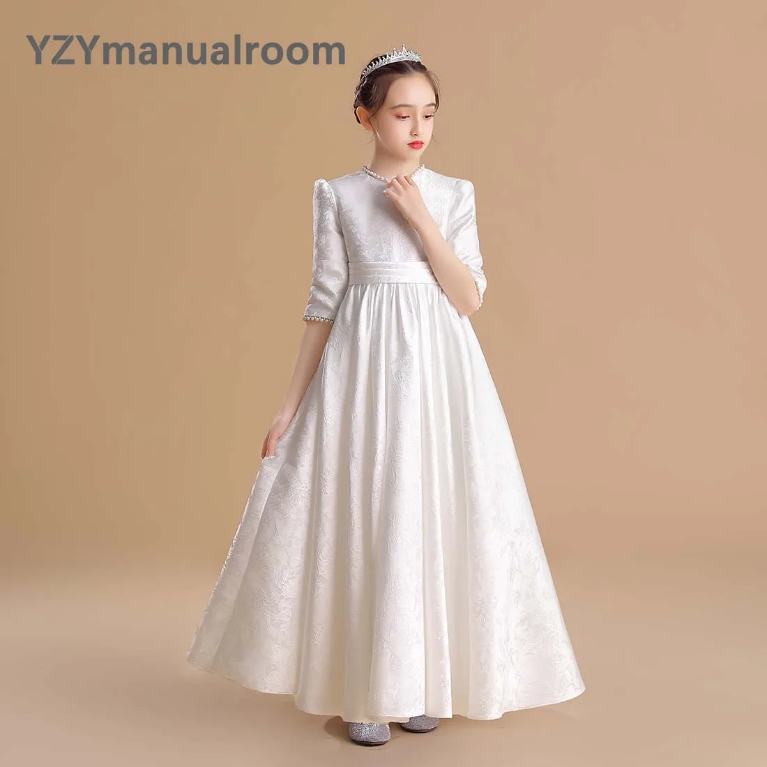 Noble and Elegant  Pear Blossom Satin Girl Dress For Gir Kids Long Junior Concert Birthday Party Pageant Gown Princess Ball Gown