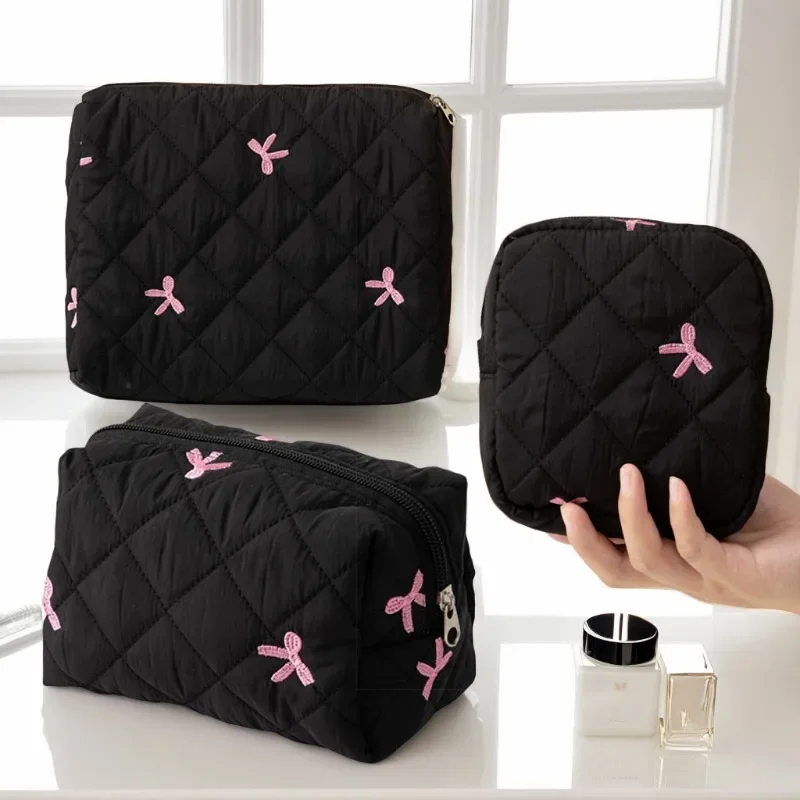 Embroidered Bow Cosmetic Bag Cotton-filled Quilted Large Capacity Makeup Storage Pencil Case Sanitary Napkin Storage Bags