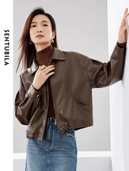 SENTUBILA Pu Leather Cropped Bomber Jacket Women Female Short Outerwear 2024 Spring Coffee Lapel Full-zip Solid Jackets W41G527