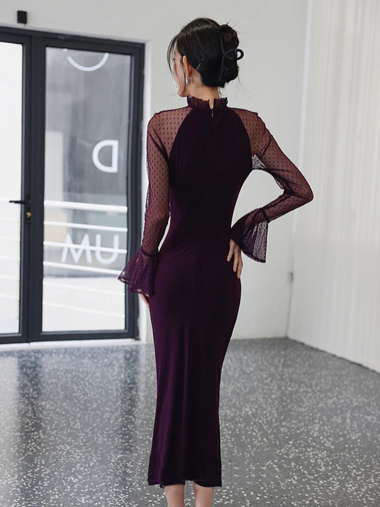 Women Clothes Sweet Purple Evening Dress Mujer Lady Elegant Vintage Sexy Flare Sleeve Bodycon Folds Robe Party Birthday Vestidos