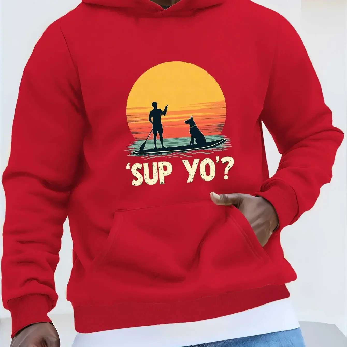 Vintage Sunset Silhouette Hoodie SUP YO Letter Paddle Board Dog Lover Men Long Sleeve Hooded Sweatshirt