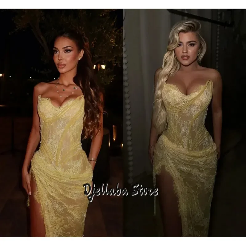

Yellow Customized Luxury Lace Evening Dresses Sexy High Leg Slit Strapless Party Gowns Corset Formal Occasion Dresses