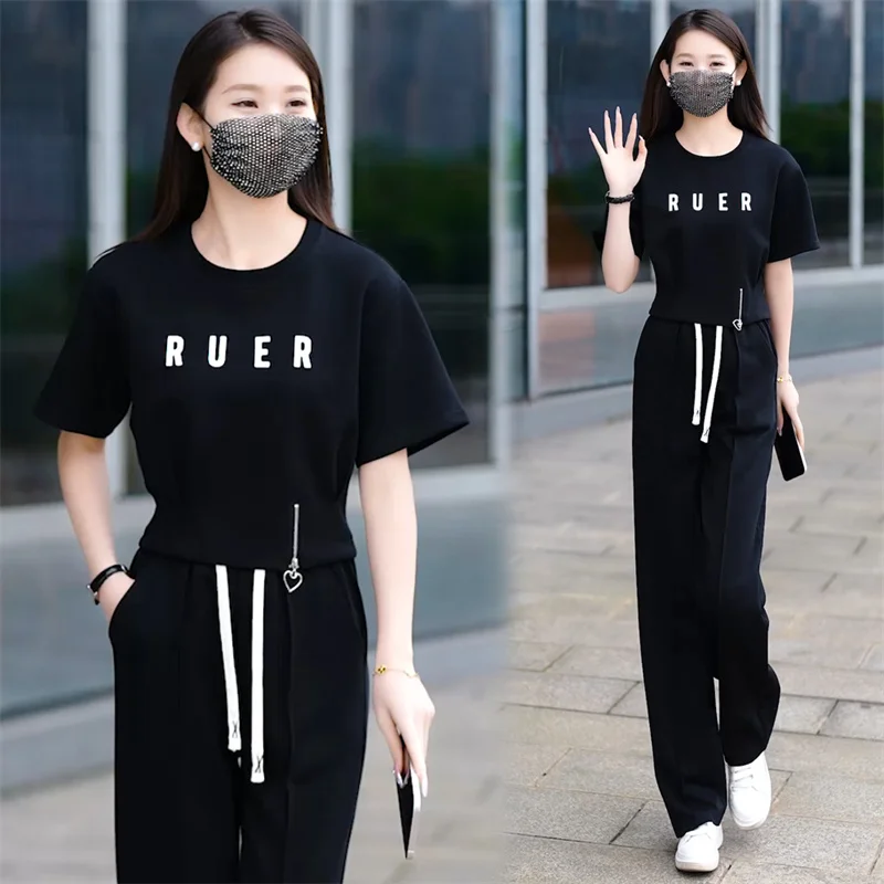 Faionable Sportswear Set Women's 2025 Summer New Korean Design Waist-Cinching Top Wide Leg Pants Two-Piece Set