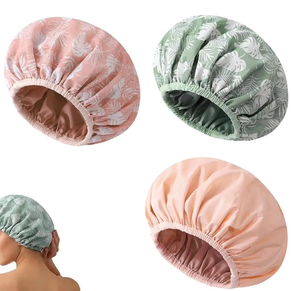 New Waterproof Shower Cap Satin Lined Double Layer Bath Cap Flower Printed Reusable Bathing Hair Cover Salon Use