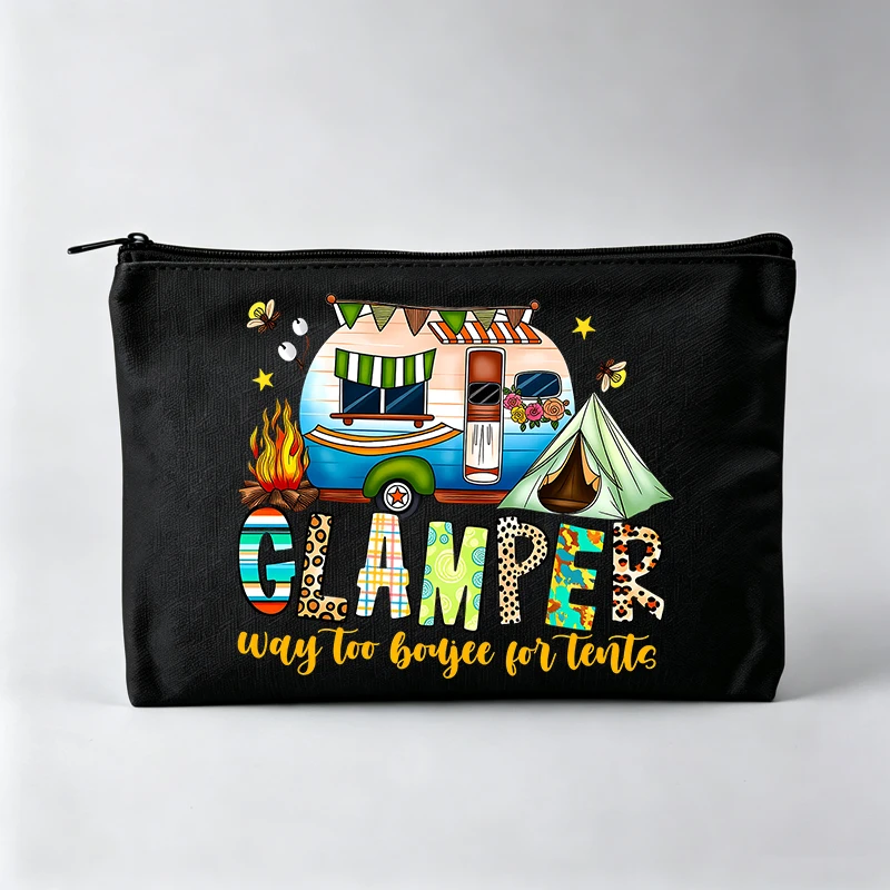 Women's Camper and Tent Graphic Makeup Bag with Typography Print, Casual Cosmetic Pouch for Weekend Trip