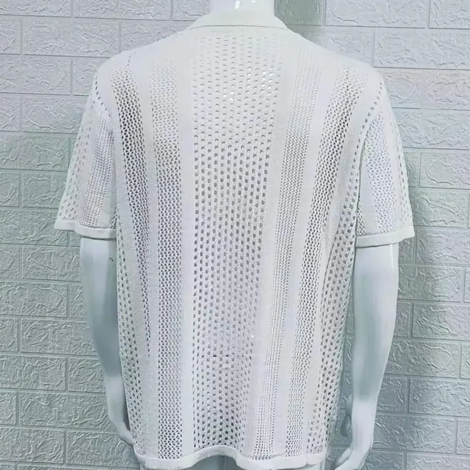 Hollow Breathable Shirt Men's Vintage Knitted Hollow Out Lapel Shirt Casual Summer Fashion for Work Vacation Men Acrylic Shirt