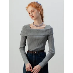 EGGKA Irregular Square Neck Knitwear Female Slim T-shirt Basics Solid Color Long-sleeve Knit Shirt 2024 Autumn New Gray T-shirts