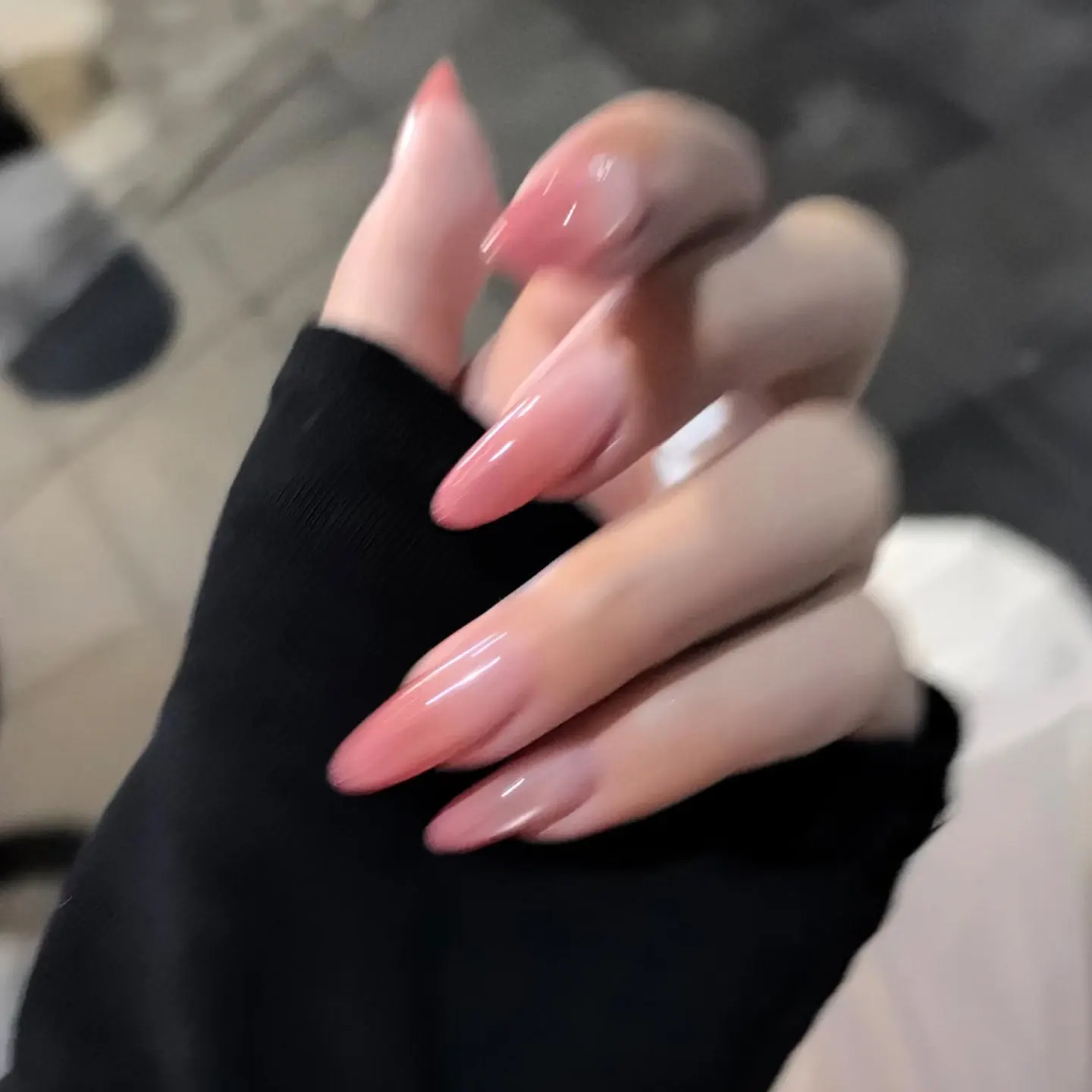 Korean Pure Nude Pink Cat Eye Gradient Handmade Press On Nails, Long Almond Fake Nails Luminous Jelly Ombre Design, Reusable Gen