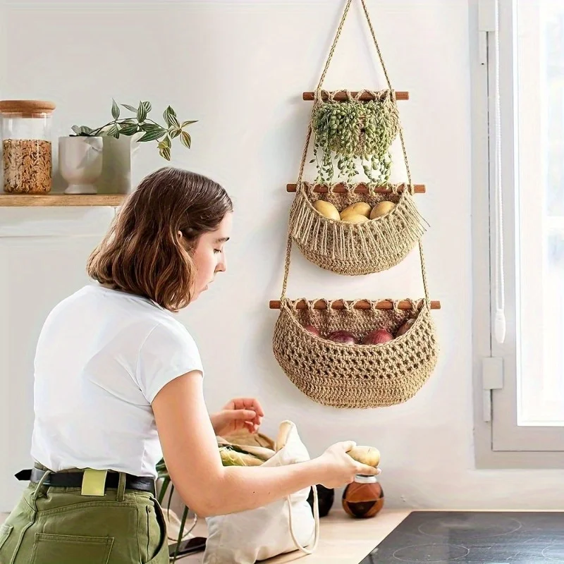 Boho Chic 3-Tier Wall Hanging Storage Basket - Handwoven Rope Organizer for Fruits, Vegetables & More - Easy Install