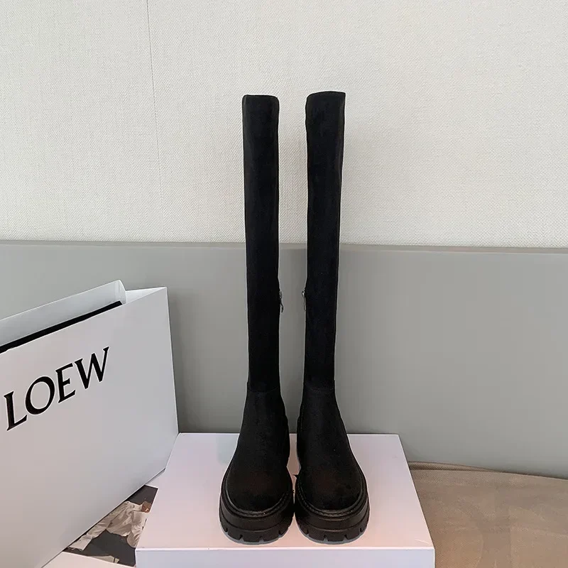 Thick soled knee high boots for women, thick leg high boots, elastic and slimming long boots