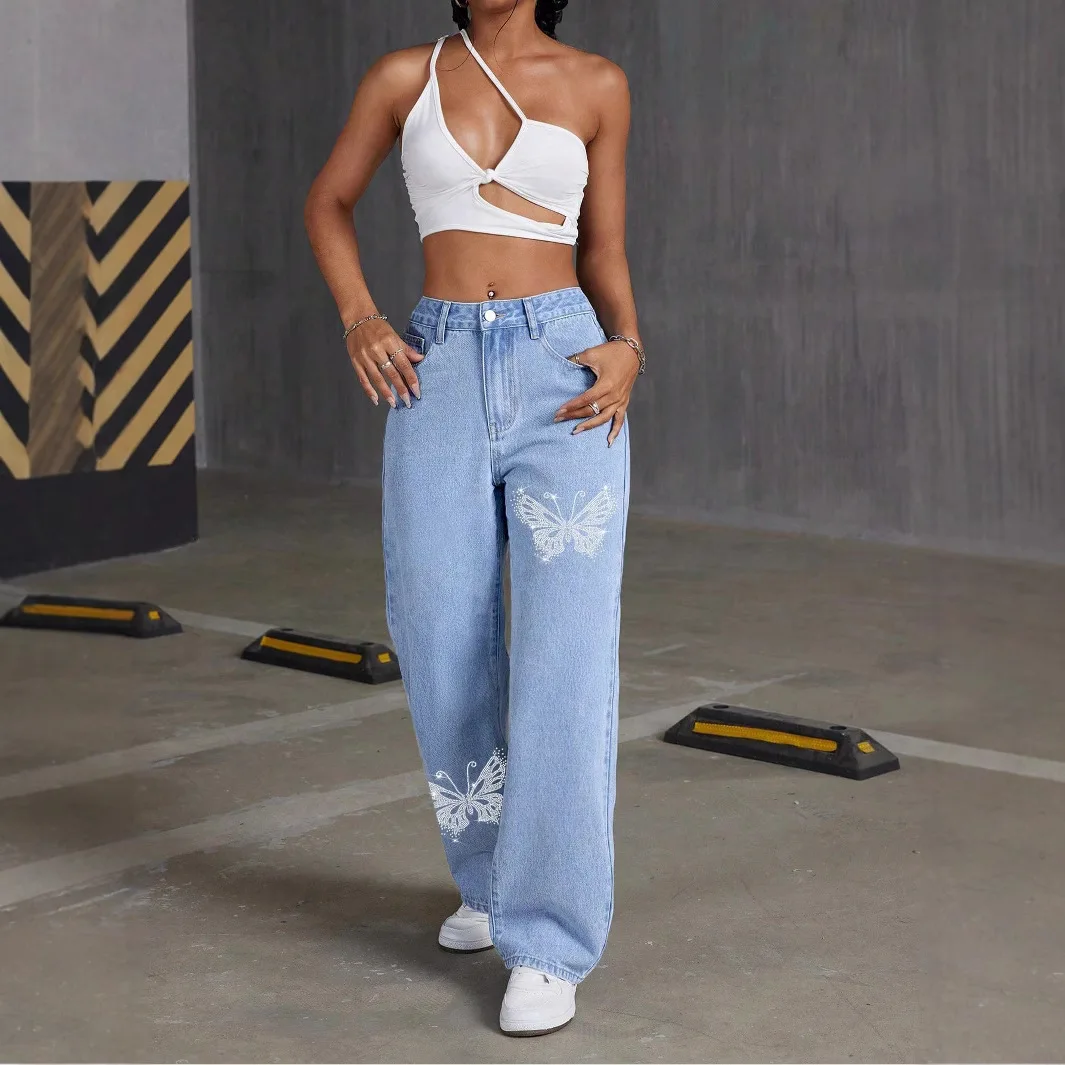 

Diamond Butterfly Jeans Butterfly Denim Trousers Women Jeans Straight Pants High Waist Loose Vintage Casual Distressed Denims