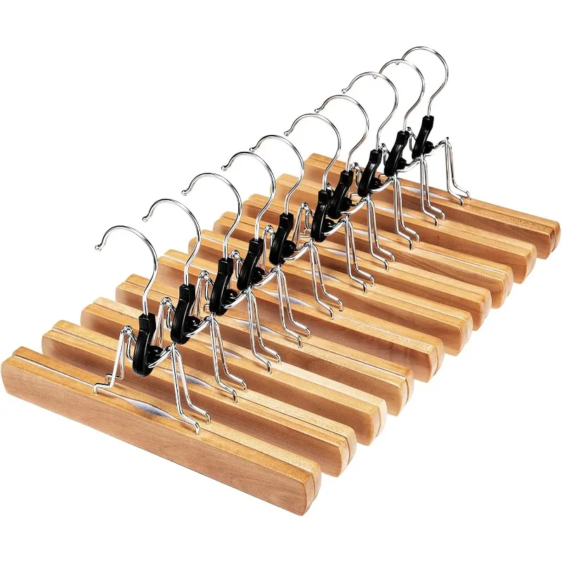 Wooden Pants Hangers 20 Pack Non Slip Skirt Hangers, Smooth Finish Solid Wood Jeans/Slack Hanger with 360° Swivel Hook