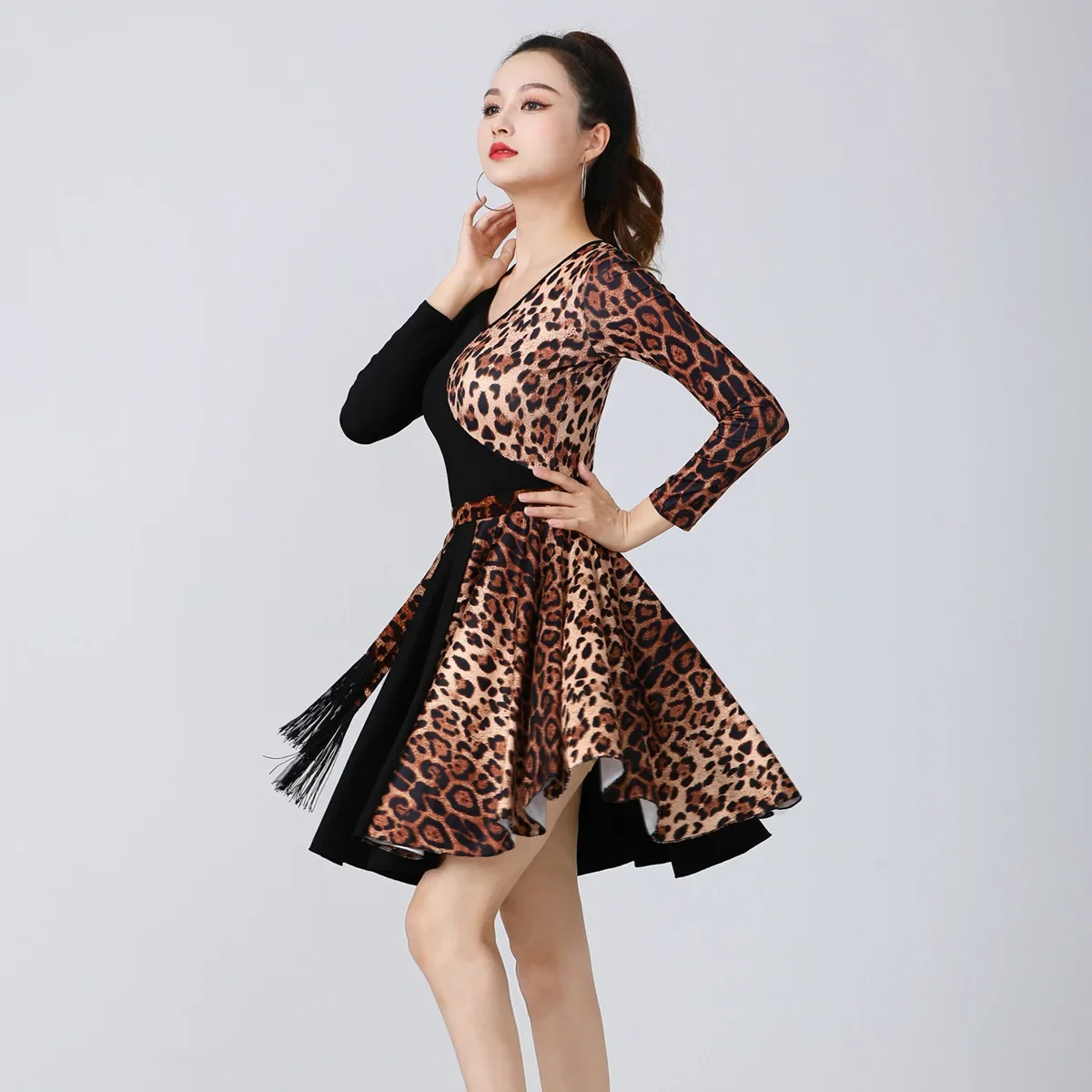 Leopard Patchwork Female Belly Dance Dress Costume Latin Wear Woman Long Sleeve Girl Dress Competition Women Clothing