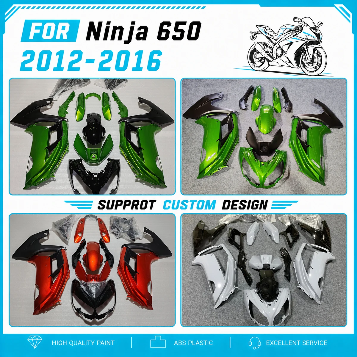 Aftermarket Replacement Fairings for 2012-2016 Ninja 650 ER-6F 12-16 Pre-Drilled Holes Fairing Set Plastic Kit