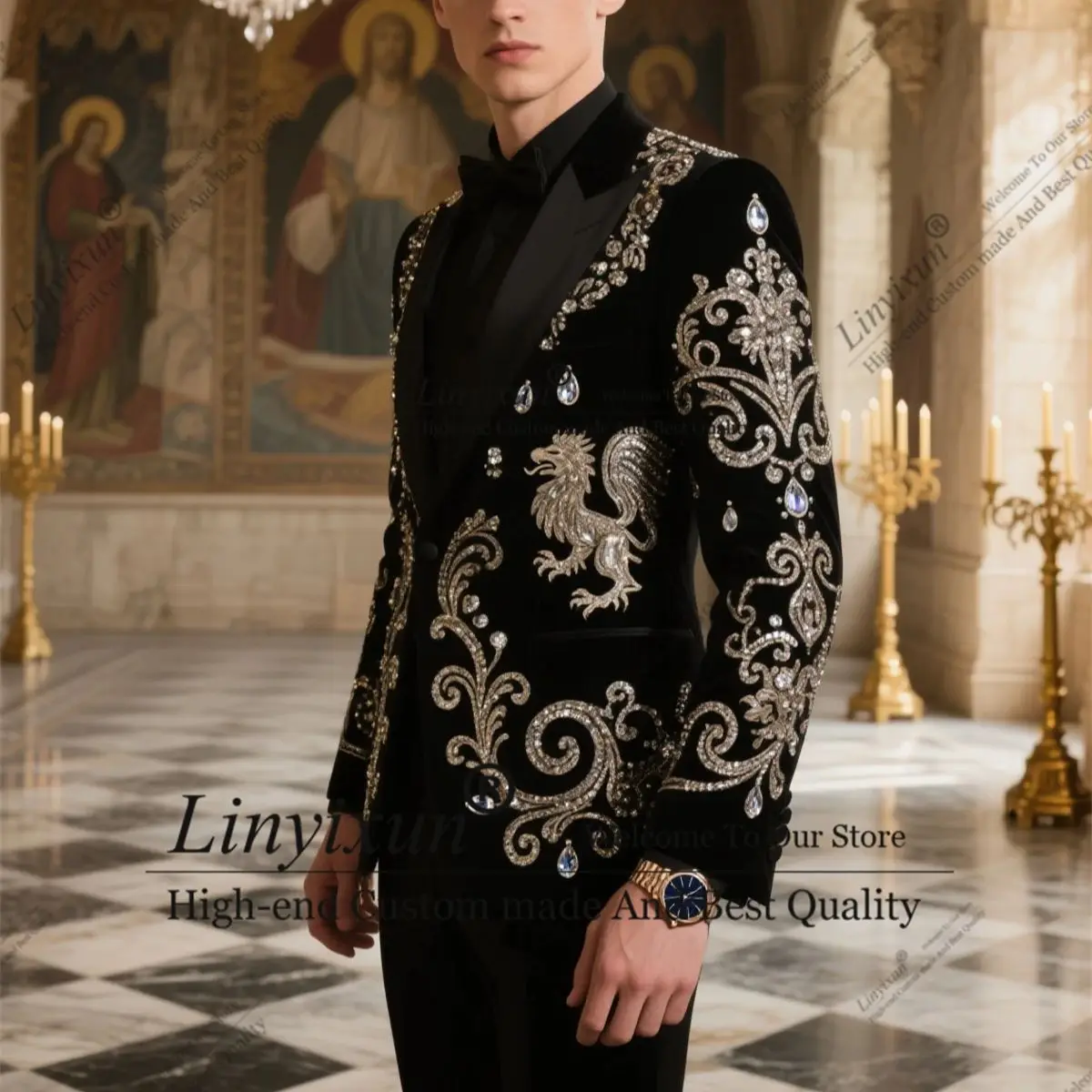 

Designer Embroidery Diamond Men Suits 2 Pieces Groom Male Prom Blazers Customized Wedding Tuxedos Slim Fit trajes para hombre