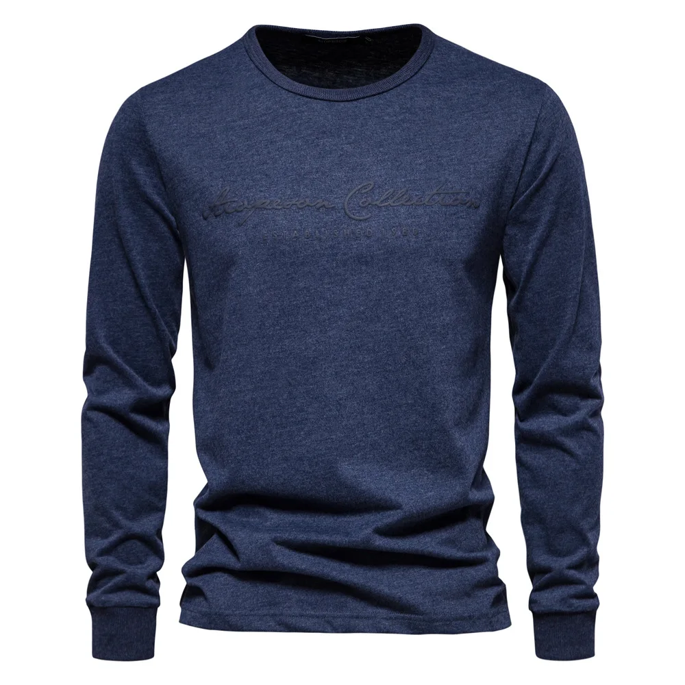 

New high-quality men's pure cotton long-sleeved T-shirt, with letter embossed pattern, round neck, casual top, spring style。