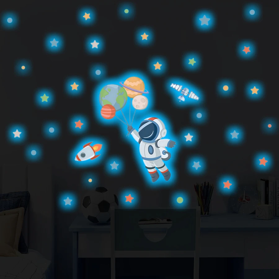 Glow-in-the-Dark Astronaut Wall Stickers With Stars - Space Theme Kids Room Decor Self-Adhesive Decals For Bedroom & Game Room