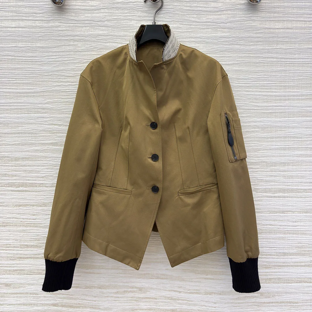 

2025 New Autumn Vintage Slim Fit Jacket Women Stand Collar Patchwork Long Sleeve Zipper Single Breasted Pocket Casual Coat