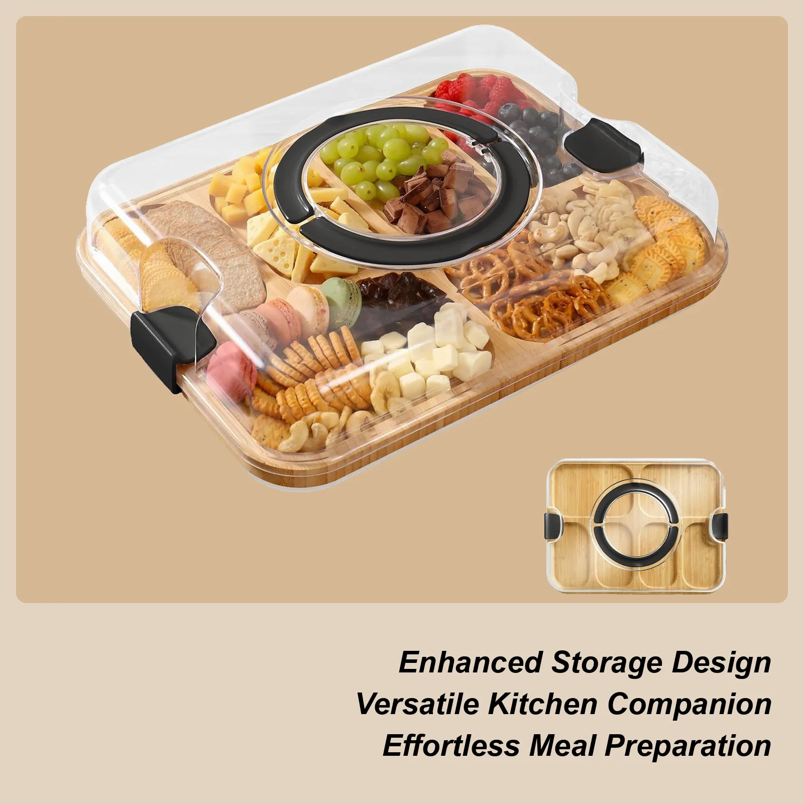 

Wooden Cheese Board Snack Tray Picnic Box Cheese Tray with Grid Fruit Bento Box Suitable for Outdoor Travel Camping Vacation