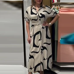 Casual Short Sleeve Hight Waist Long Dress Office Elegant Button Print Party Dress Women Fashion Lapel Belt Commuter Shirt Dress