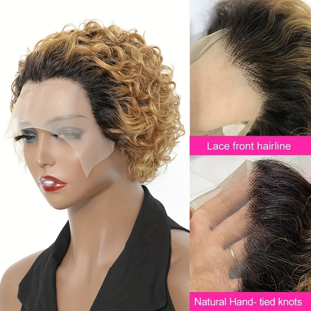 

Женский парик из натуральных волос естественного вида — плотность 150%, вьющаяся стрижка пикси с прозрачной кружевной передней частью (13x1), повседневная и особенная информация