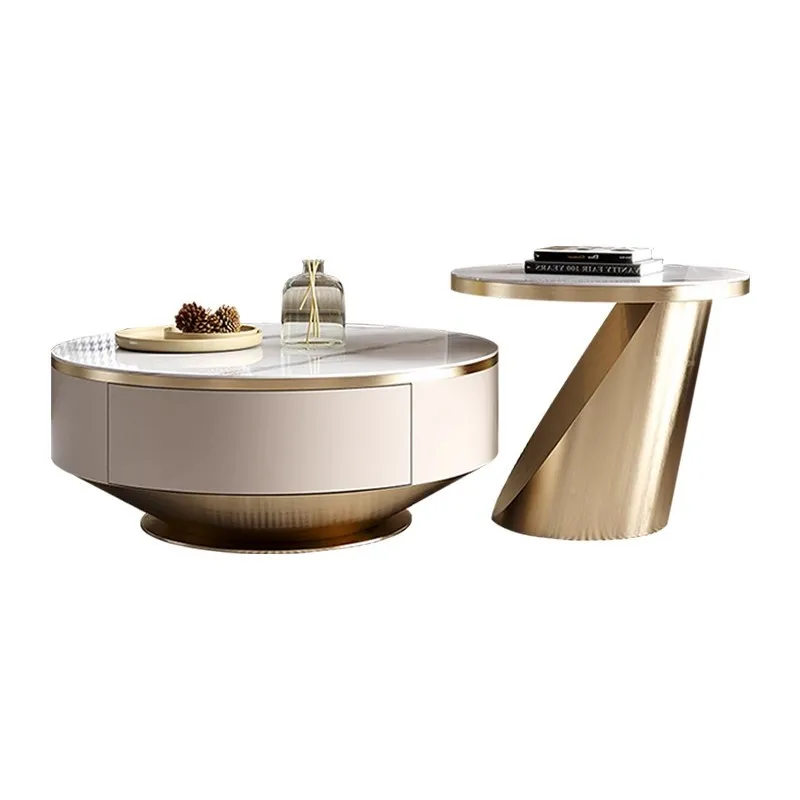 

Light luxury rock slab coffee table round size combination with drawer creative modern simple living room home coffee table