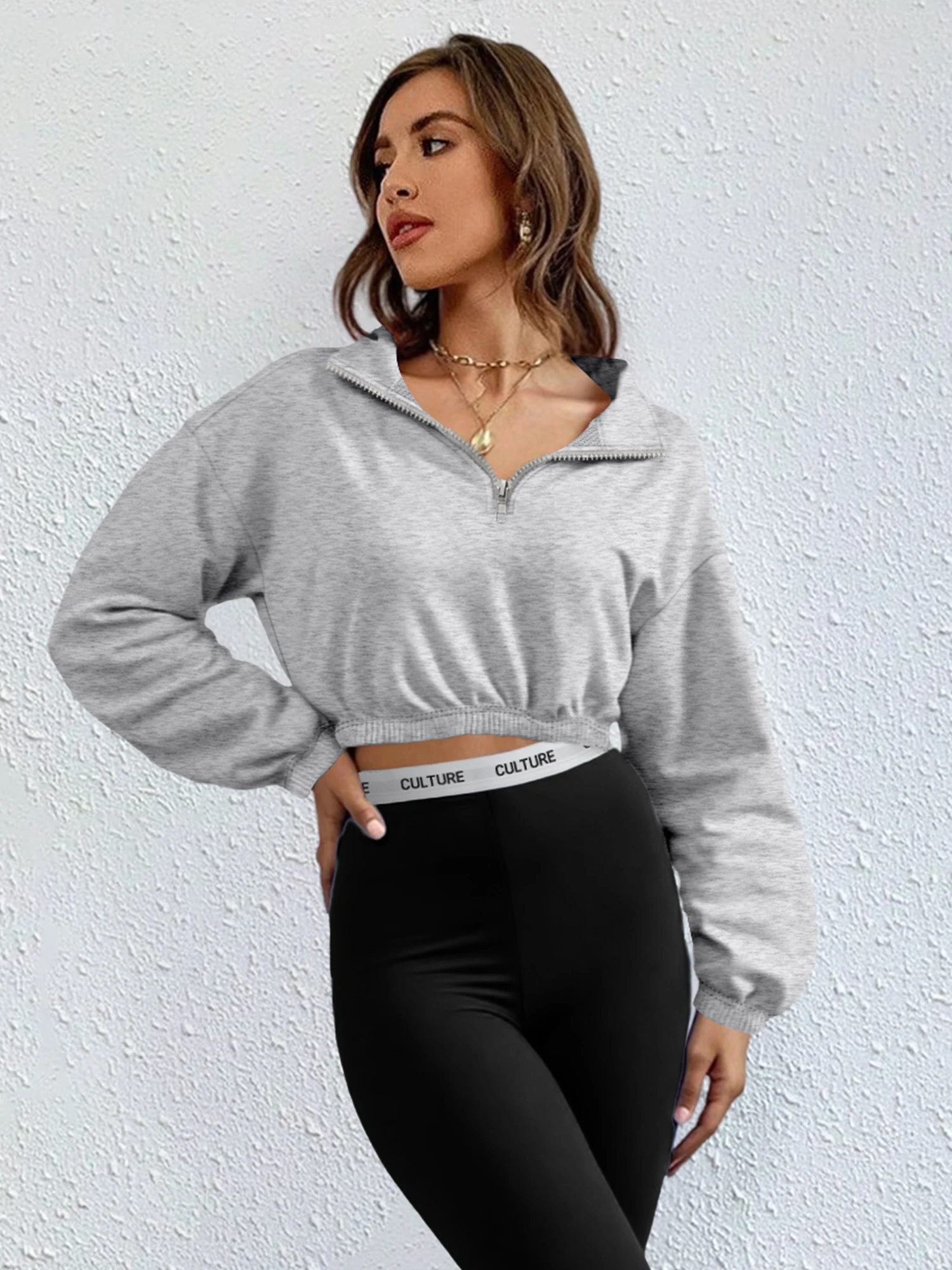 

Women Elastic Waist Half Zip Cropped Sweatshirt, Stand Collar Long Sleeve Pullover, Daily Streetwear Tops