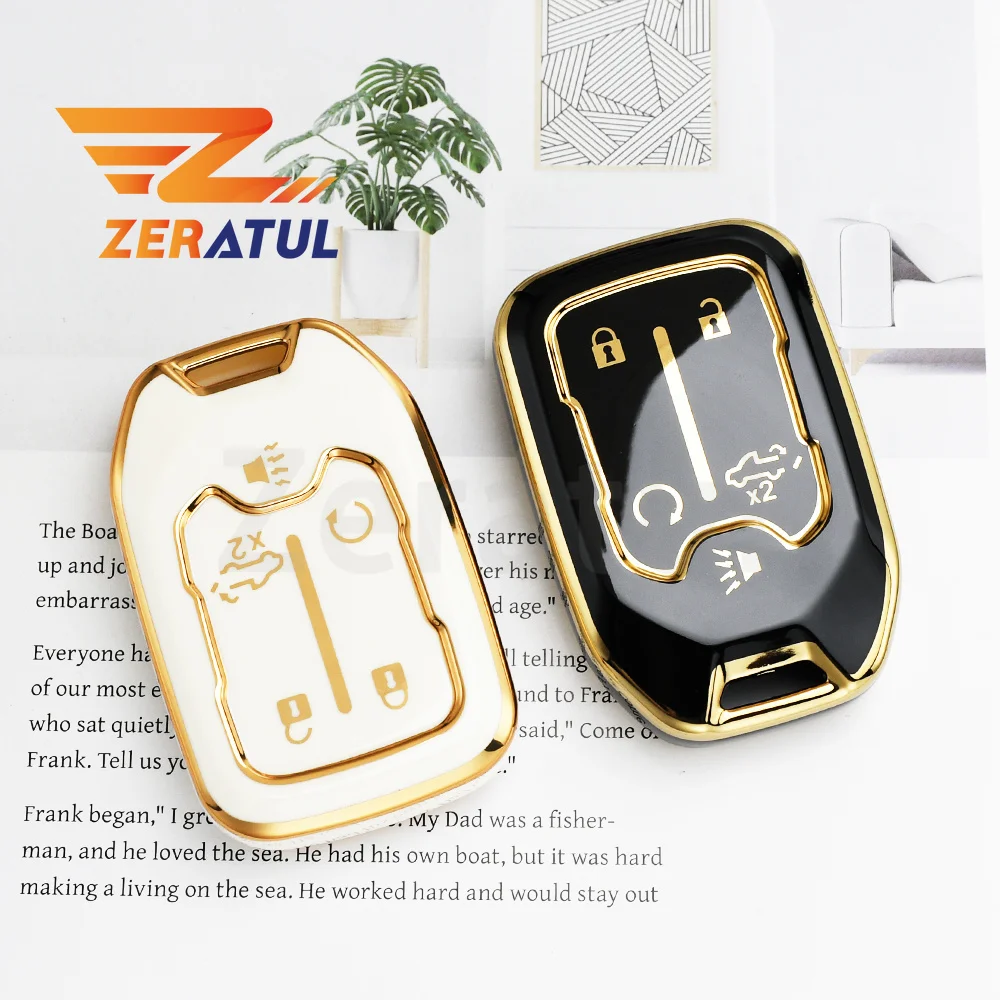 Gold Edge TPU 5 Buttons Car Key Cover Protector for Chevrolet Chevy Tahoe Suburban GMC Yukon XL Denali Keyless Fob Shell Case