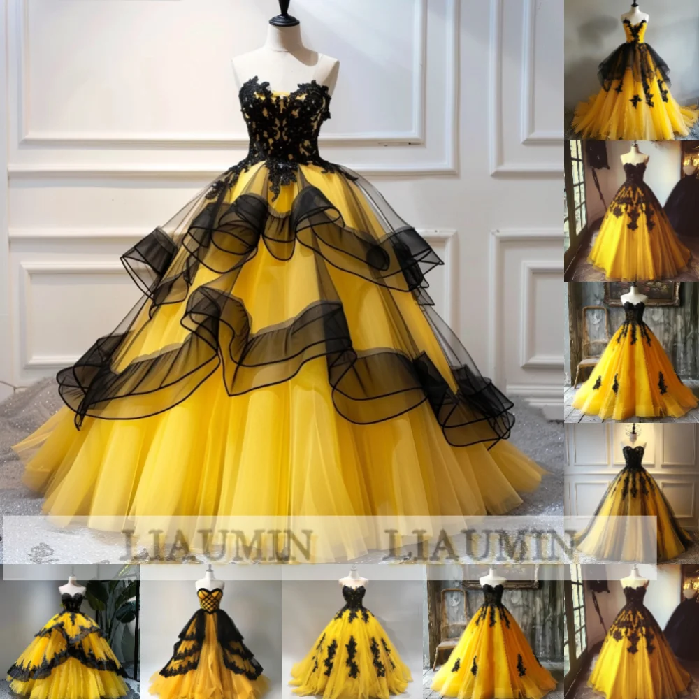 Yellow Tulle And Black Applique Ball Gown Strapless Full Length Lace Up Back Evening Formal Occasion Party Prom Dress W14-31