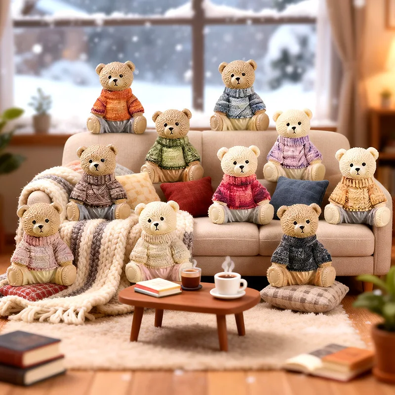 Cute Sweater Teddy Bear Resin Figurine - Cozy Desk, Home & Car Decor Ornament
