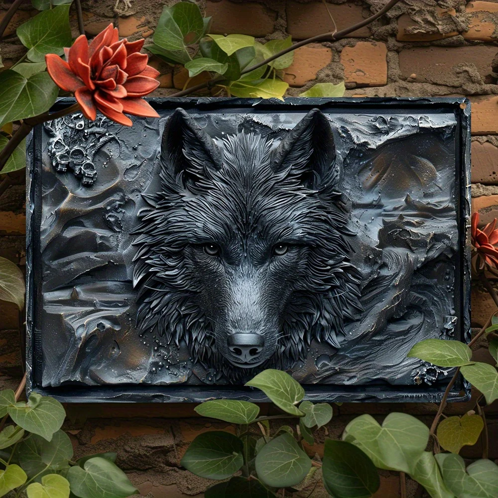 Wolf Embossed Metal Wall Art Sign, Relief Style Decorative Tin Plaque for Home Decor, Rustic Vintage Look Werewolf Theme