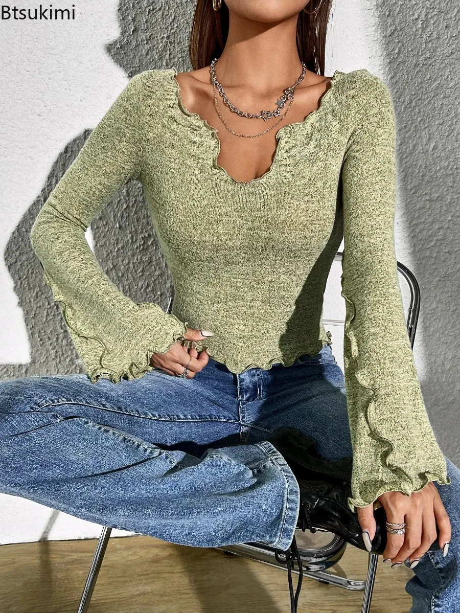 Women's Sexy Long Sleeve T-shirt Spring Summer Trendy Elegant Style Top Grinding Edge Design Solid Color Lady's Club Party Tops