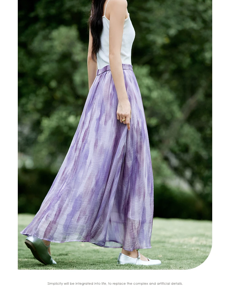 VIMLY Romantic Purple Midi Skirt Woman 2025 Summer Lyocell Elastic Waist Flowy A Line Vacation Skirt Ladies Clothing A1823