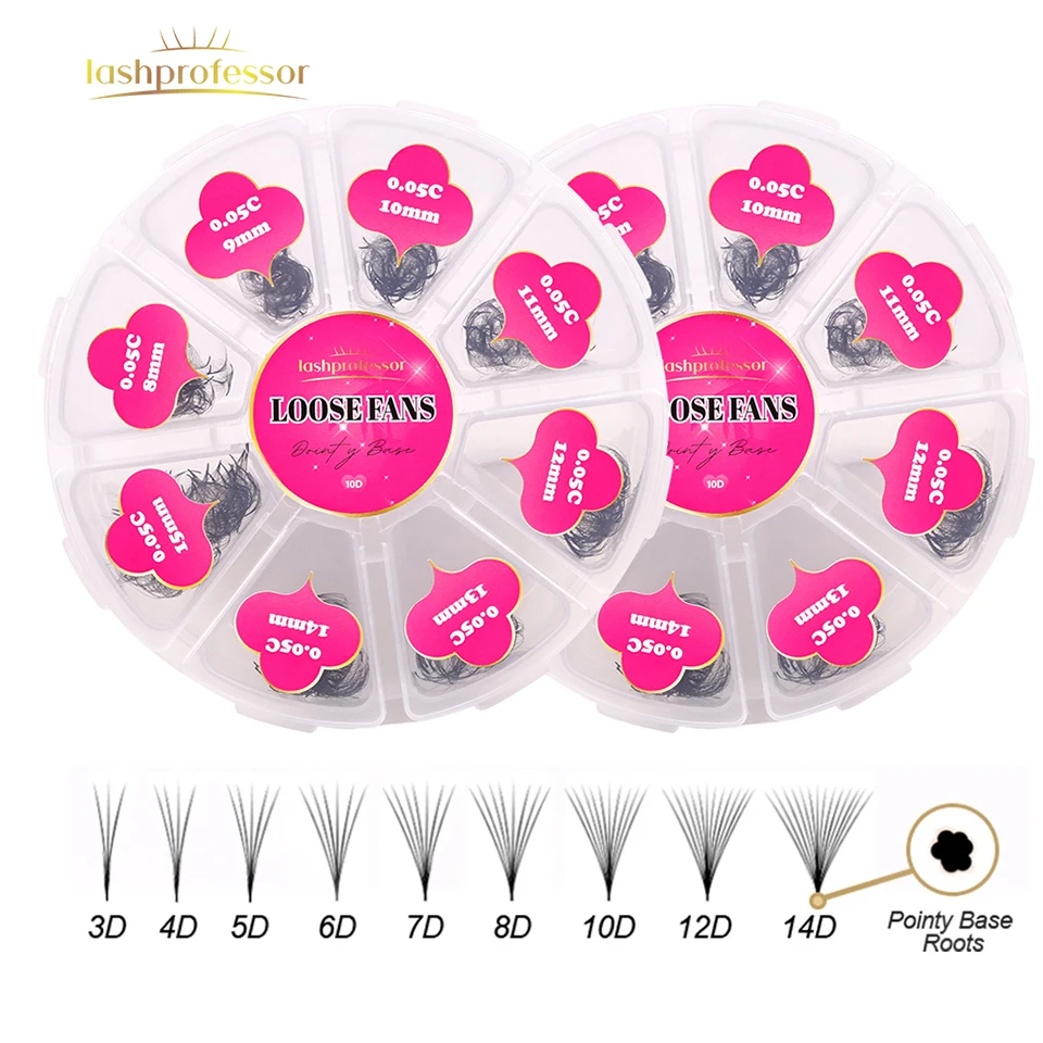 3D-10D Mieszana długość Ostry spiczasty łodyga Premade Volume Loose Fan Lash Slim Base Promade Russia Volume Fans Eyelash Extension Loose