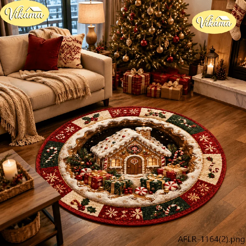 VIKAMA Cartoon Gingerbread House Round Rug, Soft Non-Slip Christmas Decorative Carpet, Living Room and Bedroom Rug, Home Decor