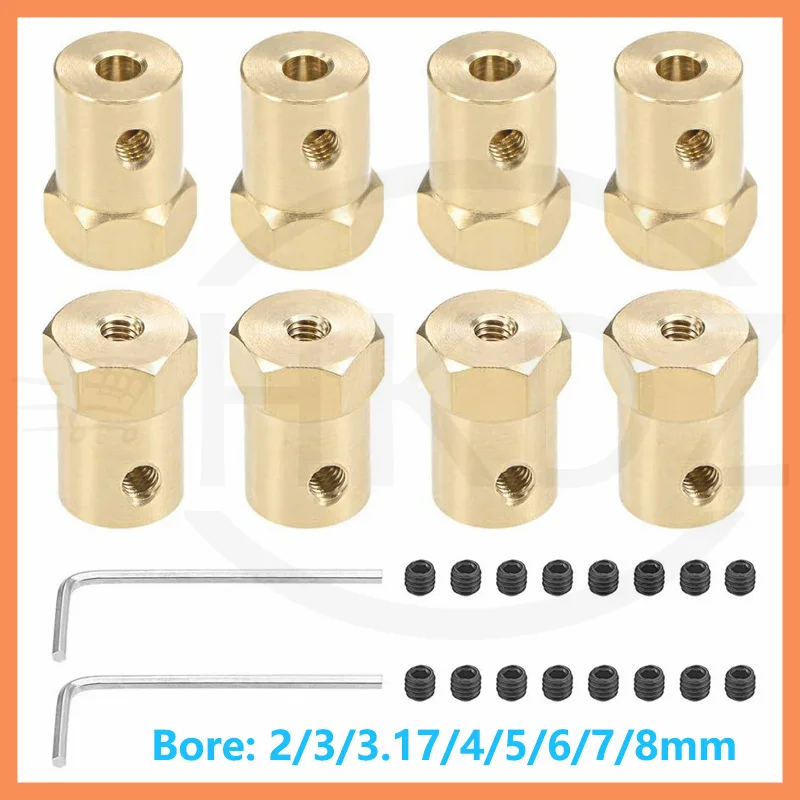 1Pcs 2/3/3.17/4/5/6/7/8mm Hexagonal Brass Shaft Coupling Motor Transmission Connector With Screws Wrench Model Car Wheels Tires