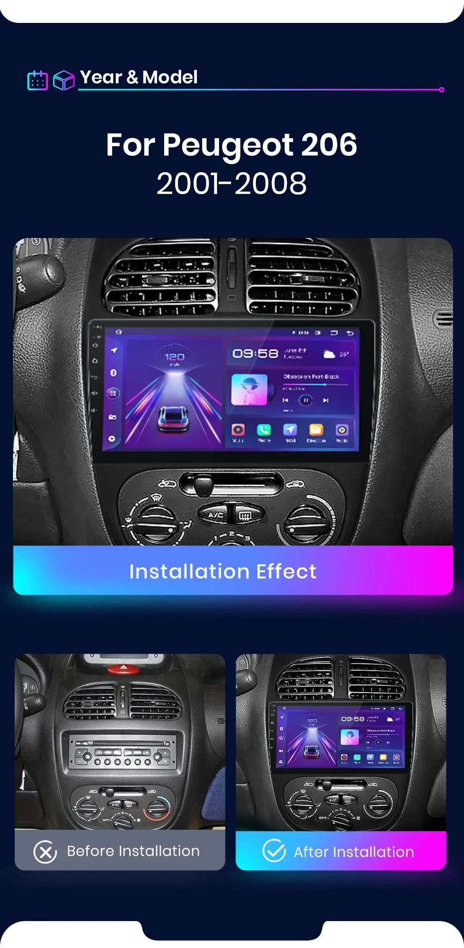 Junsun AI 4G LTE Drahtlose CarPlay Android Auto Auto Radio Für Peugeot 206 206CC 206SW 2001 2002 2003-2008 GPS Navi BT DSP RDS FM – Detail 3
