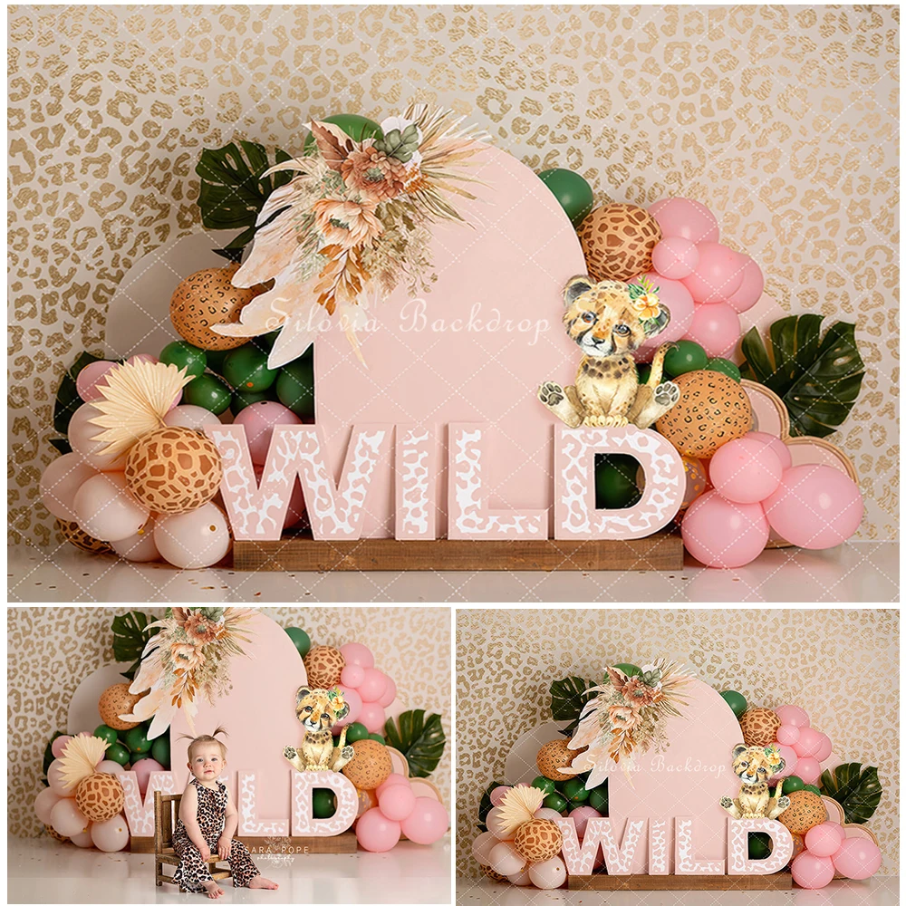 

Pink Wild One Safari Photography Backdrop Birthday Cake Smash Photo Background Cute Leopard Flowers Decor Photo Studio Props