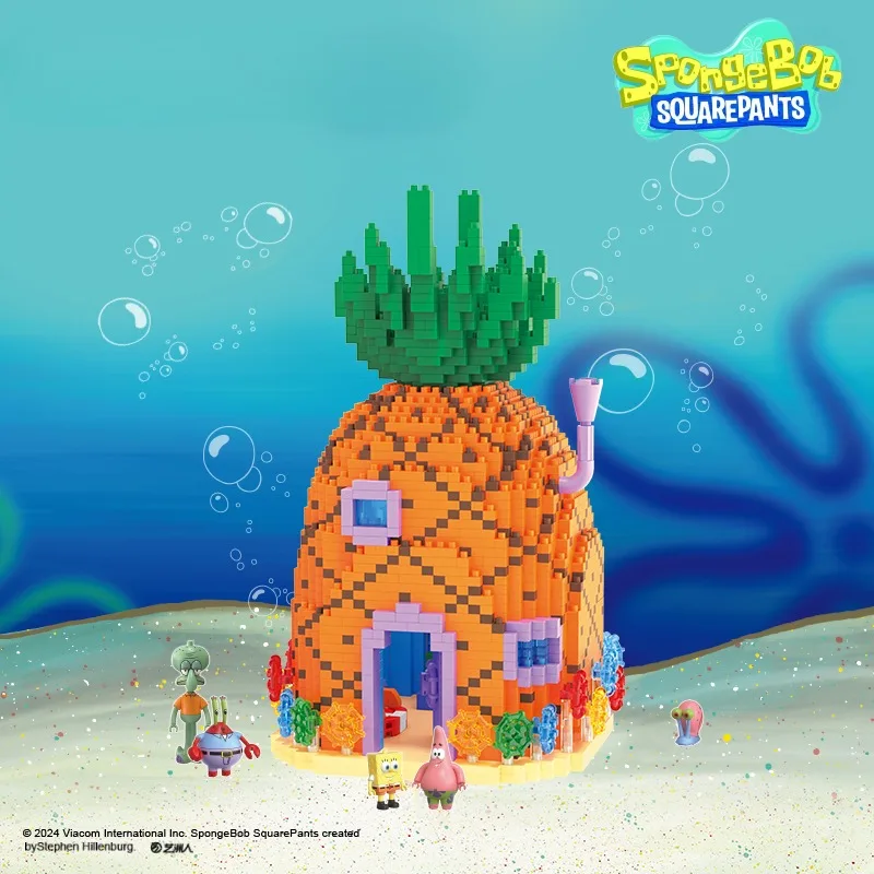 SpongeBob SquarePants Pineapple House Assembling Building Blocks Small Grain Krabby Fort Restaurant Model Ornaments Holiday Gift