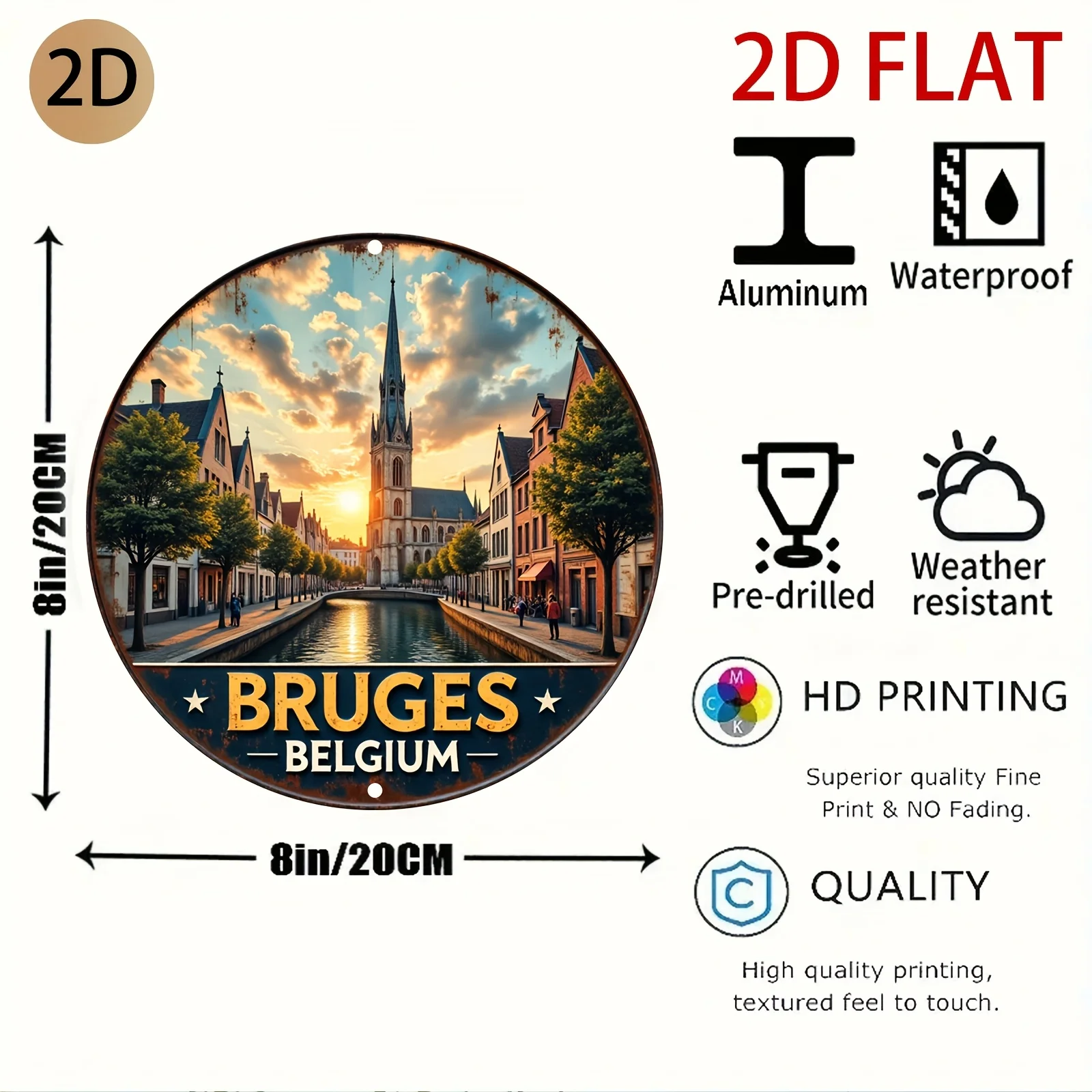 2D Plane Circular Rust Effect Metal Sign of Bruges Belgium with Cityscape and  Design for Home or Travel Themed Decor, 2D Flat,