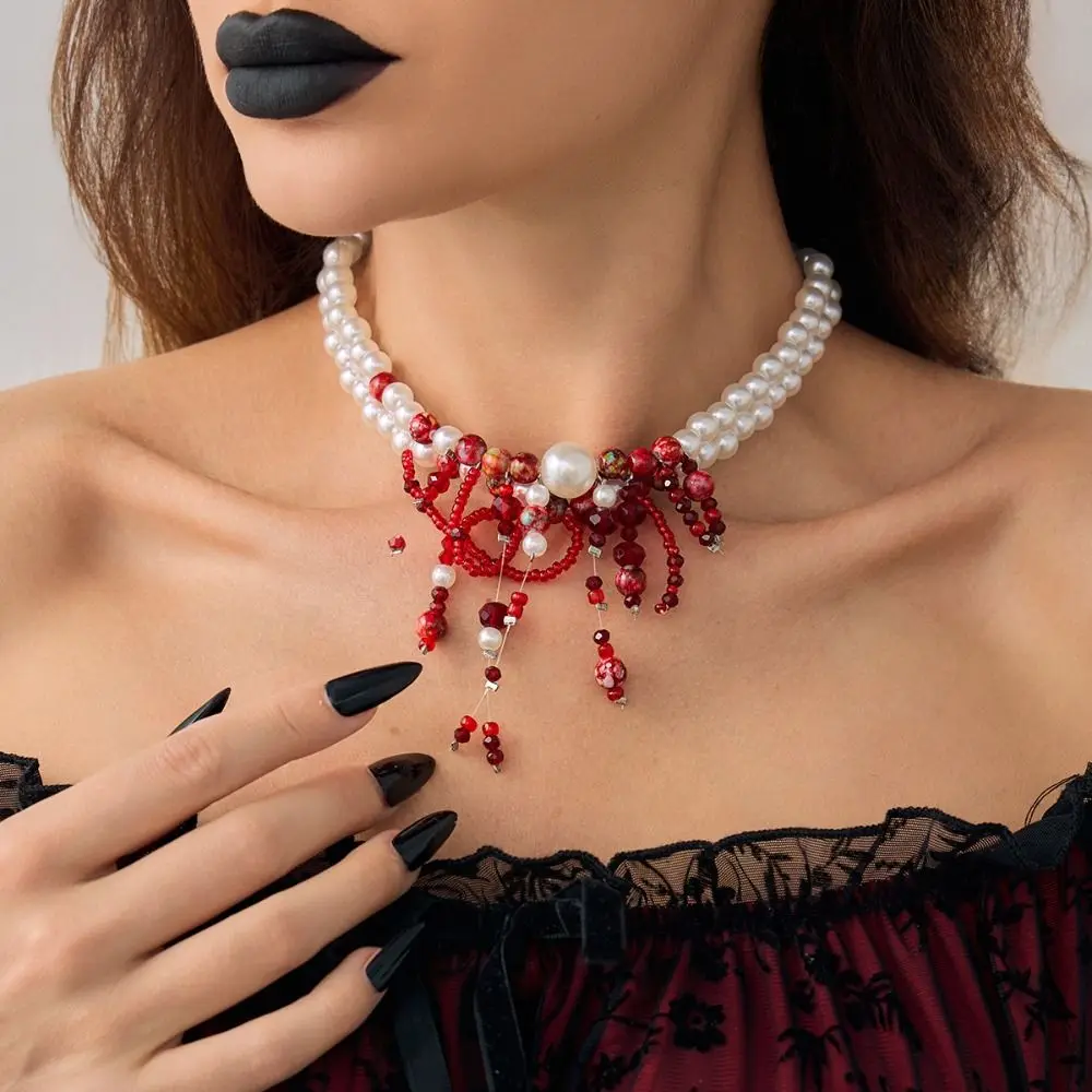 

Creative Multilayer Blood Drop Necklace Tassel Beads Halloween Clavicle Choker Red Exaggerated Gothic Jewelry Women