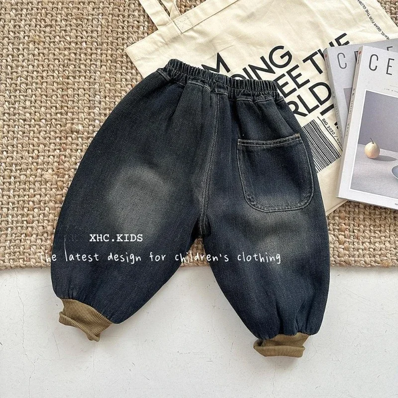 2024 New Boys Leisure Jeans Winter Children Patch Thermal Cotton-padded Trousers Kids Thicken Plus Velvet Denim Pants 2-6Y