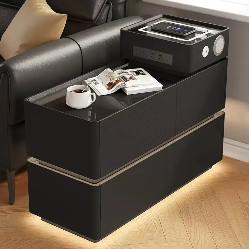 Smart multifunctional sofa side table, modern armrest storage cabinet with lamp and power socket
