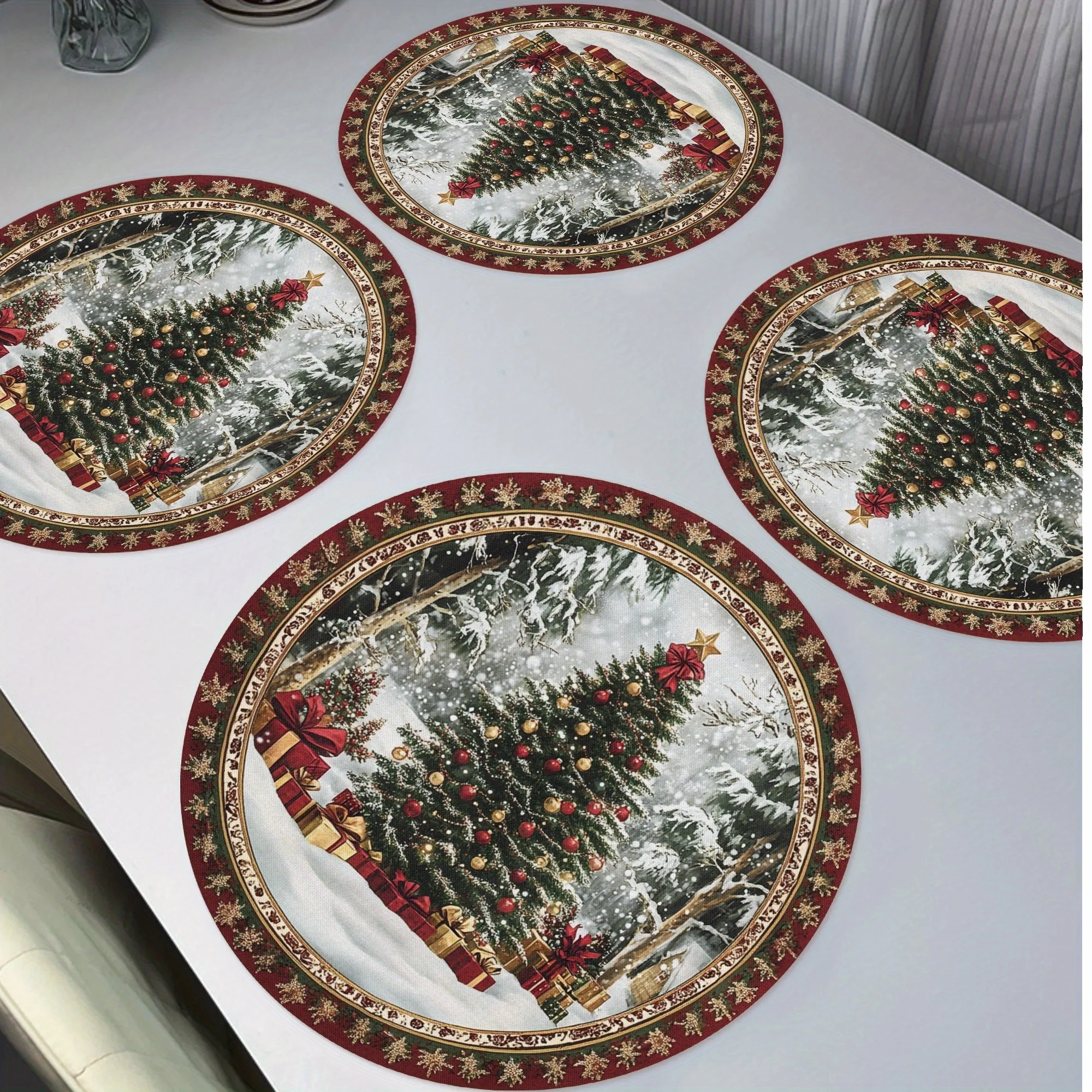 VIKAMA Round Christmas Placemats Snowy Xmas Tree Linen Mats Non-Slip Wipe Clean for Winter Holiday Dinner Decor