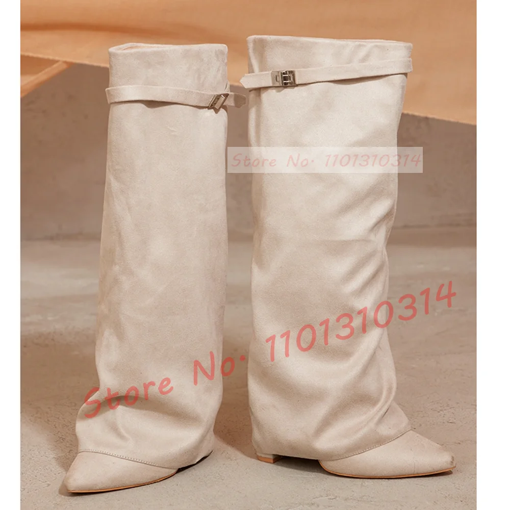 Beige Fold Over Knee Boots Women Slouchy Pointy Suede High Heeled Shoes 2023 Spring Streetwear Ladies Party Wide Fit Strap Boots