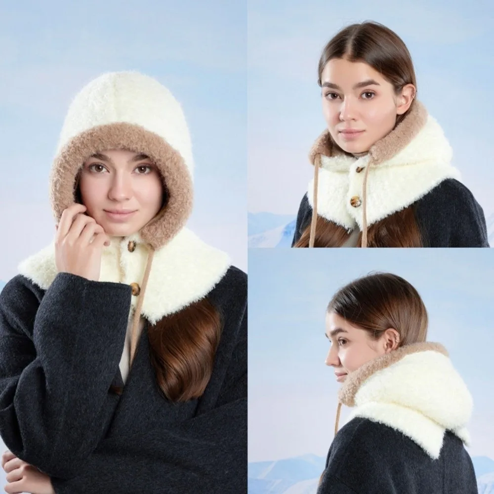 

Windproof Winter Balaclava Hats Warm Fleece Lined Knitted Wool Hooded Caps Coldproof Drawstring Closure Neck Collar Caps