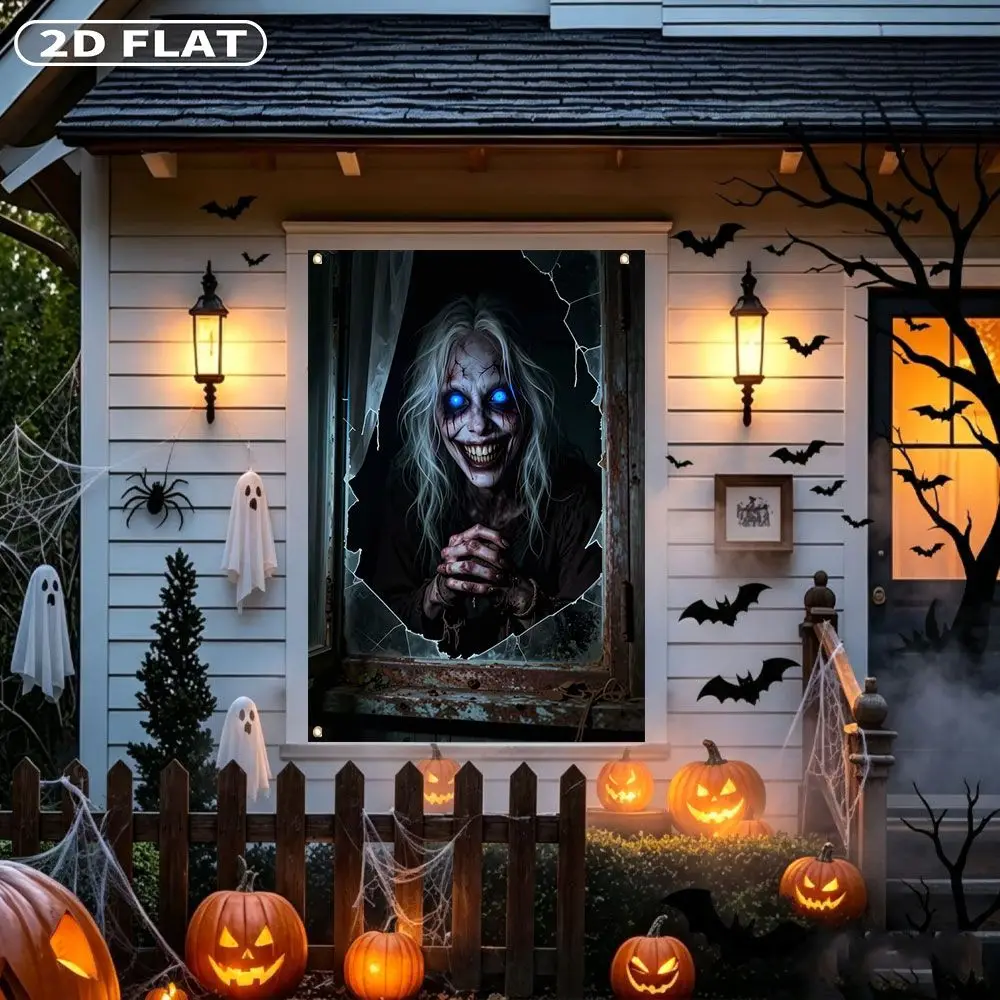 2D FLAT 1pc Party Banner, Halloween Window Cover with Scary Clown with Blue Eyes Behind Broken Window, 122x88cm, Polyester